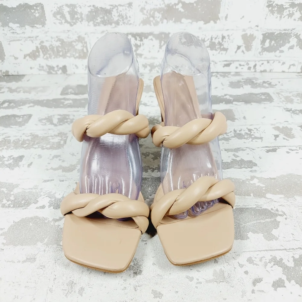 New Open Edit Remmy Twisted Strap Beige Square Toe Heeled Sandals W303 - Picture 3 of 16